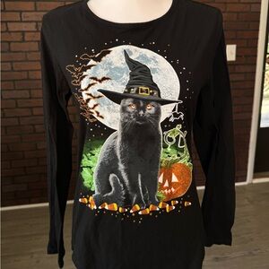 Halloween Black‎ Cat Witch Shirt Juniors Medium M Full Moon Candy Corn Sparkly